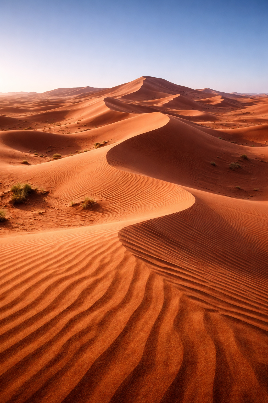 Vast red sand dunes under a clear blue sky, sweeping desert landscape, photorealistic, sunlight reflections, no people